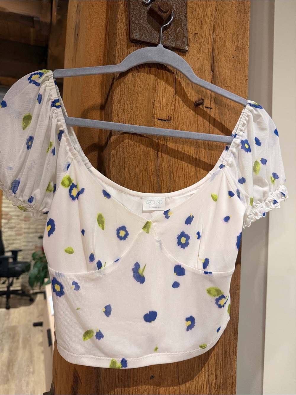 Abound White Floral Puff-Sleeve Crop Top with Blue and Green Prints